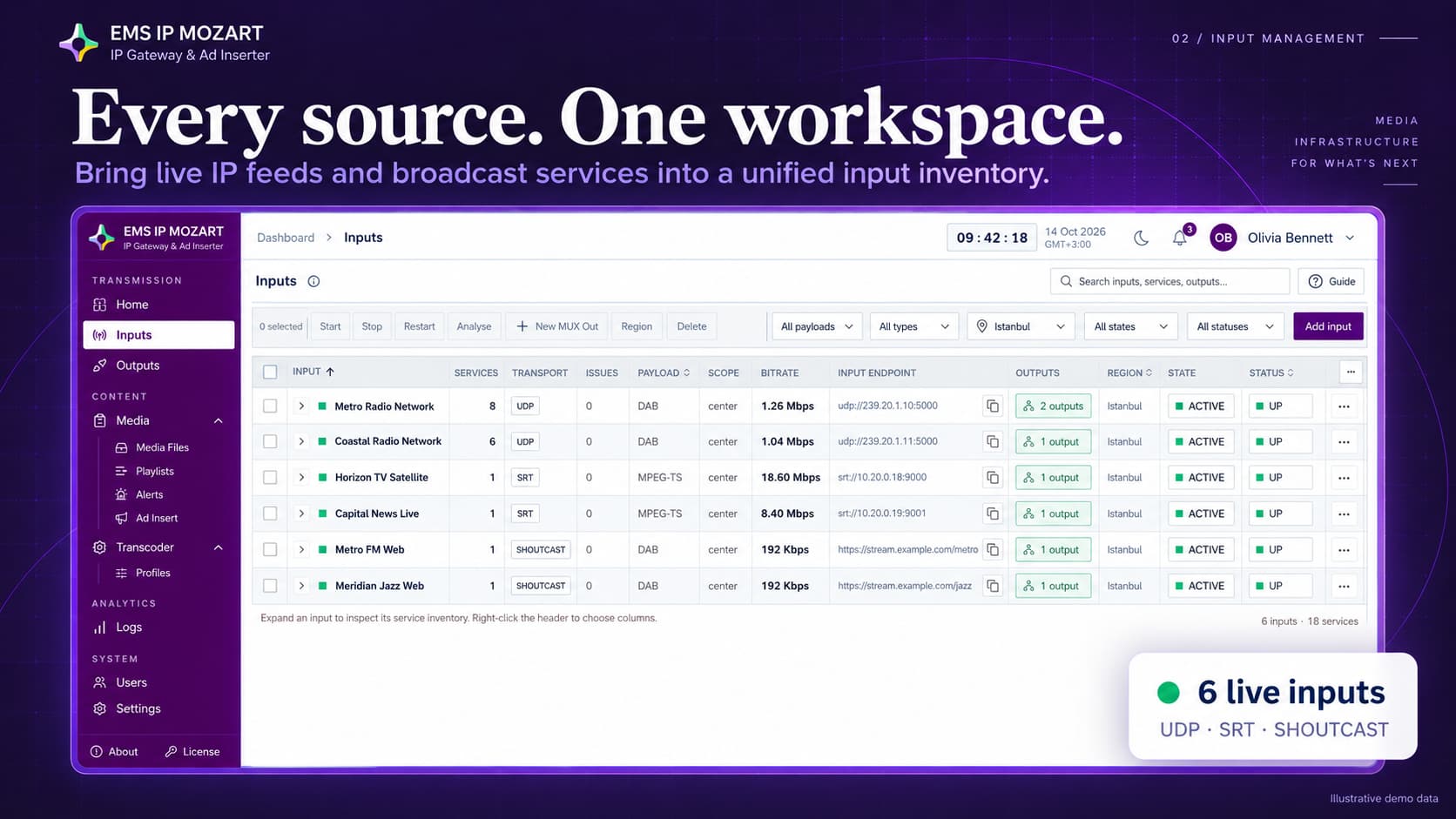 EMS IP MOZART input management workspace with UDP, SRT and Shoutcast inputs