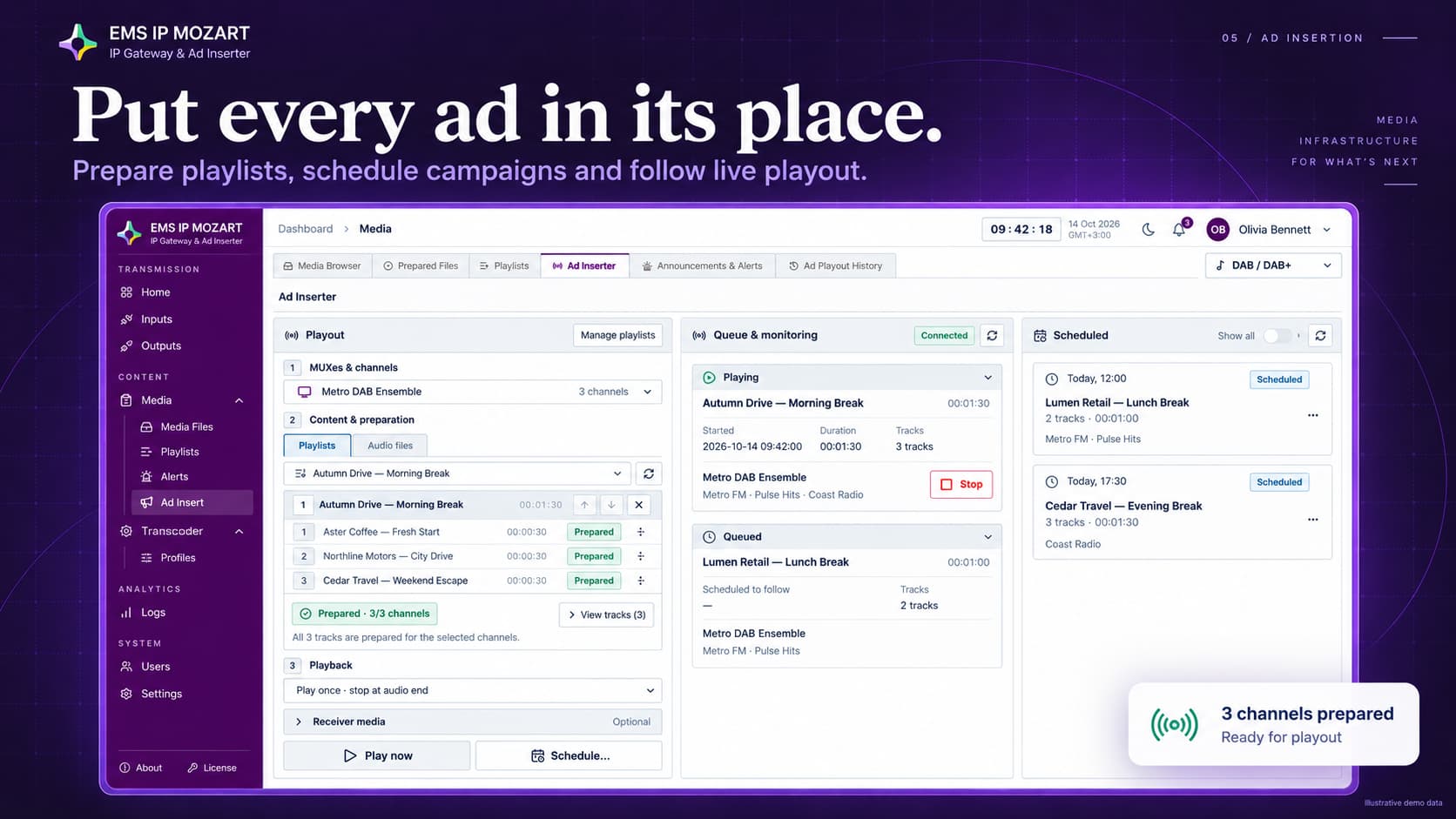 EMS IP MOZART Ad Inserter with playout, queue monitoring and scheduled campaigns