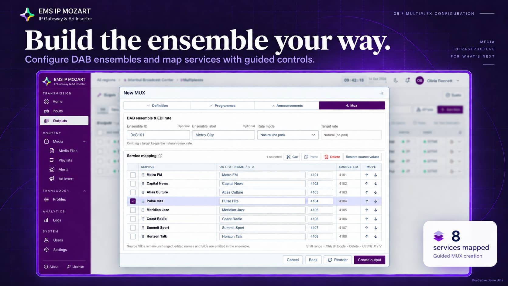EMS IP MOZART New MUX dialog with DAB ensemble settings and service mapping